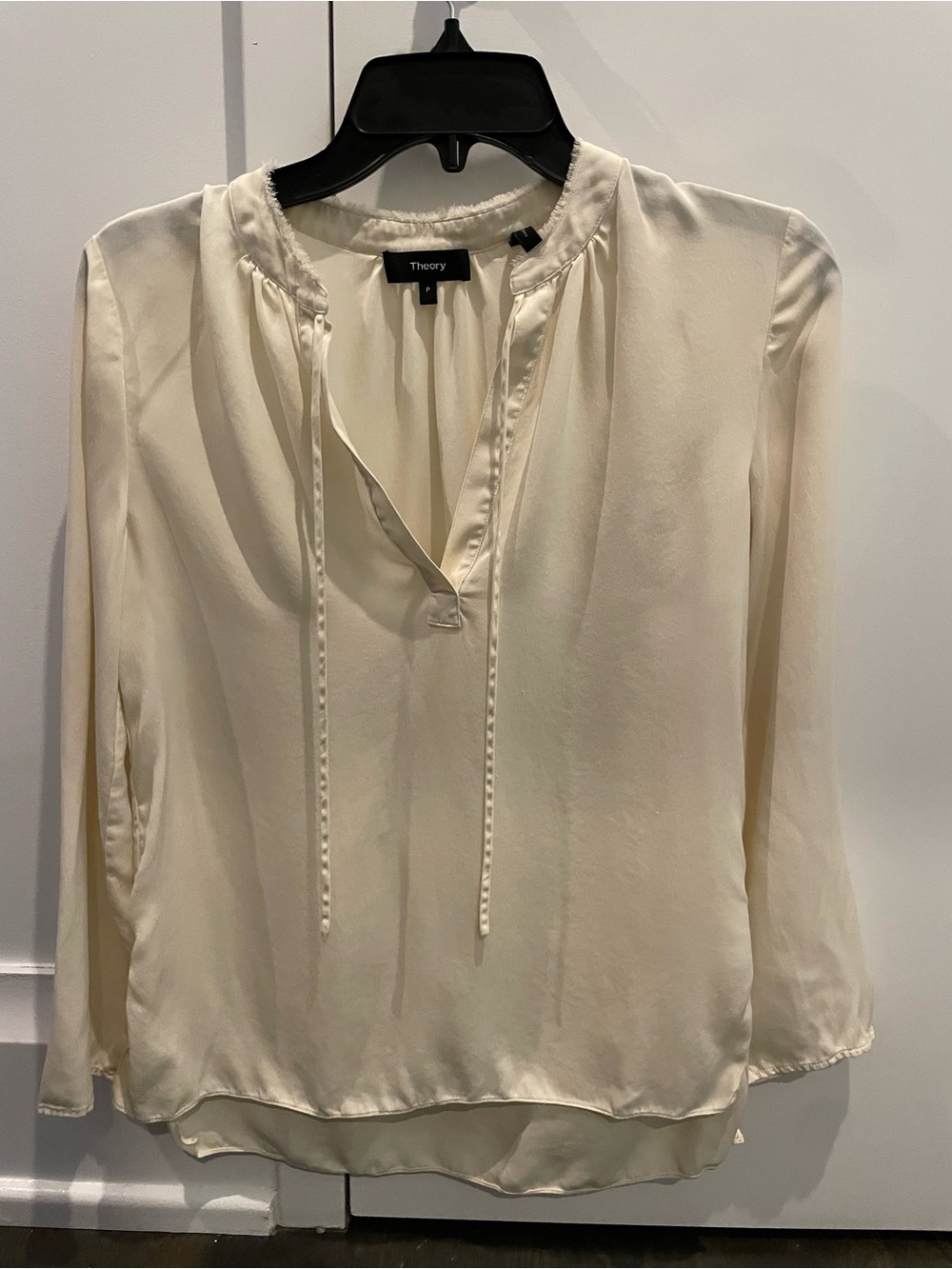 Theory Cream Tie-Neck Long-Sleeve Silk Blouse